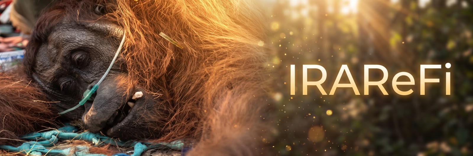 An orangutan resting after rescue, forest light behind